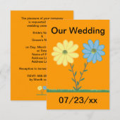 黄色と青のデイジーの花の結婚式 招待状 (正面/裏面)