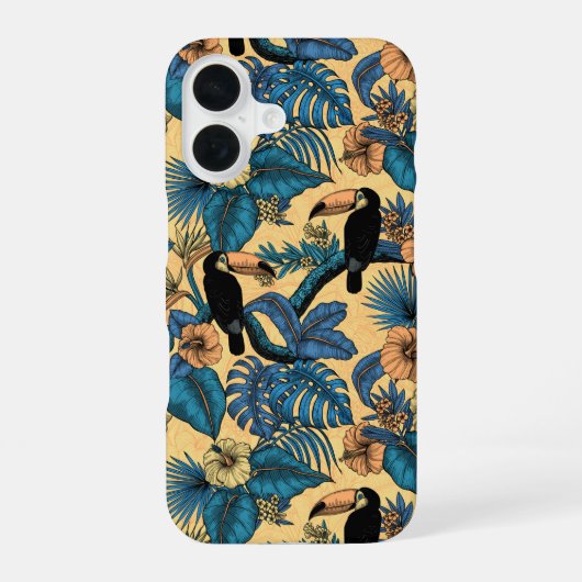 黄色と青のトゥカン庭園 iPhone 16ケース (裏面)