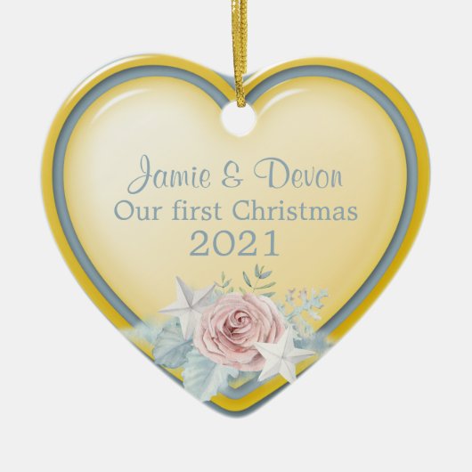 黄色と青のハート新しい初めてのクリスマス セラミックオーナメント (正面)