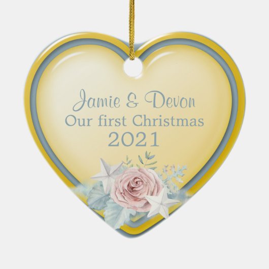 黄色と青のハート新しい初めてのクリスマス セラミックオーナメント (裏面)