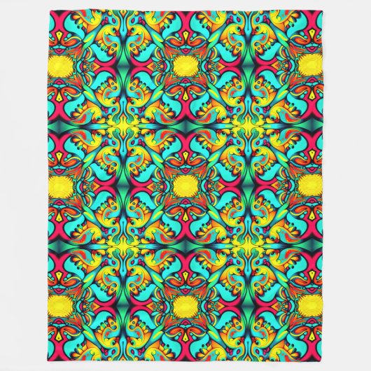 黄色と青のパターン（の模様が）あるフリースブランケット フリースブランケット (正面)