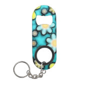 黄色と青のフラワーパワーアート キーホルダー栓抜き (正面)