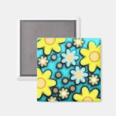 黄色と青のフラワーパワーアート マグネット (正面/裏面)