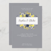 黄色と青のフローラフレームライトグレー結婚ズ 招待状 (正面/裏面)