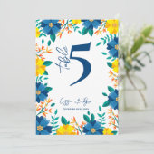 黄色と青のフローラ結婚式パーティテーブル番号 サンキューカード (スタンド正面)