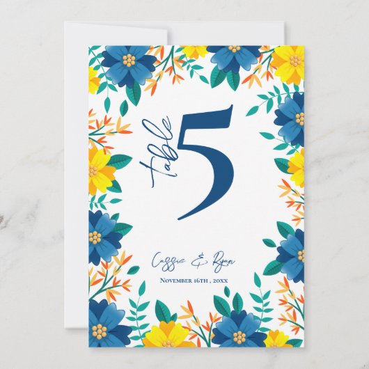 黄色と青のフローラ結婚式パーティテーブル番号 サンキューカード (裏面)