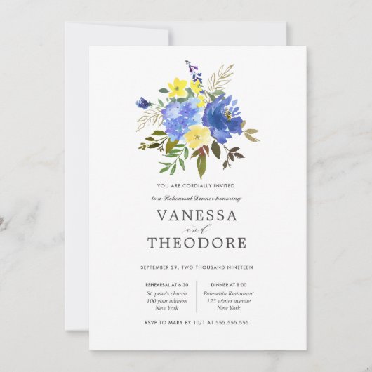 黄色と青のブーケのリハ結婚ーサルディナー 招待状 (正面)