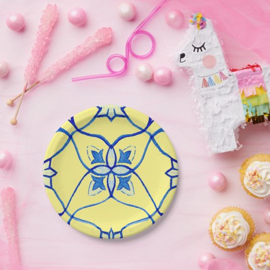 黄色と青のメディテレーニア ラウンド ペーパープレート (パーティー)