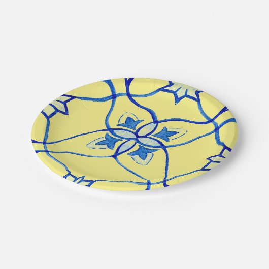 黄色と青のメディテレーニア ラウンド ペーパープレート (アングル)