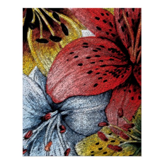 黄色と青のユリの絵モダン ポスター (正面)