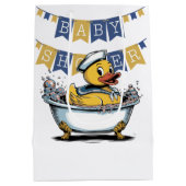 黄色と青のラバーダック男の子の赤ちゃんシャワー ミディアムペーパーバッグ (裏面)