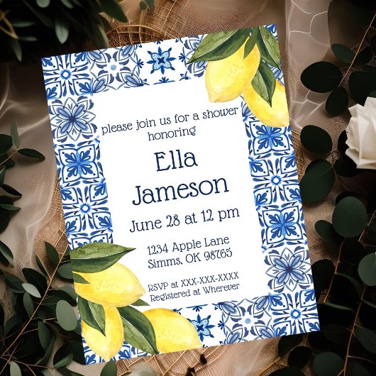 黄色と青のレモン テーマのシャワー招待状 招待状