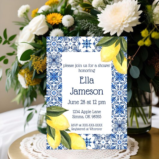 黄色と青のレモン テーマのシャワー招待状 招待状