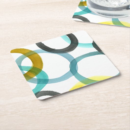 黄色と青の円を連動 スクエアペーパーコースター (アングル)
