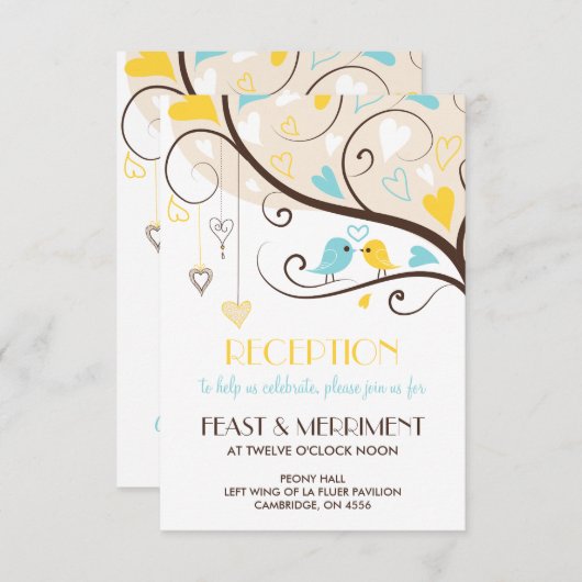 黄色と青の夏のラブバード受付カード 招待状 (正面/裏面)