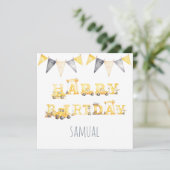 黄色と青の子供向け建設業お誕生日カード カード (スタンド正面)