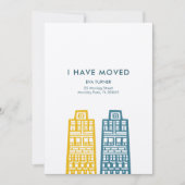 黄色と青の建物が並ぶ新しい住所カード 招待状 (正面)