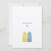 黄色と青の建物が並ぶ新しい住所カード 招待状 (裏面)