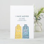 黄色と青の建物が並ぶ新しい住所カード 招待状 (スタンド正面)