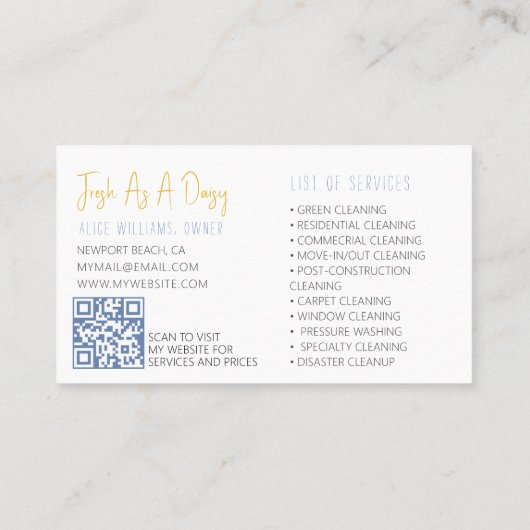 黄色と青の水色のフローラスクリプトのクリーニング 名刺 (裏面)