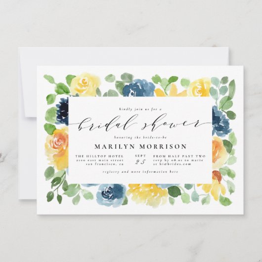 黄色と青の水色のフローラブライダルシャワー 招待状 (正面)