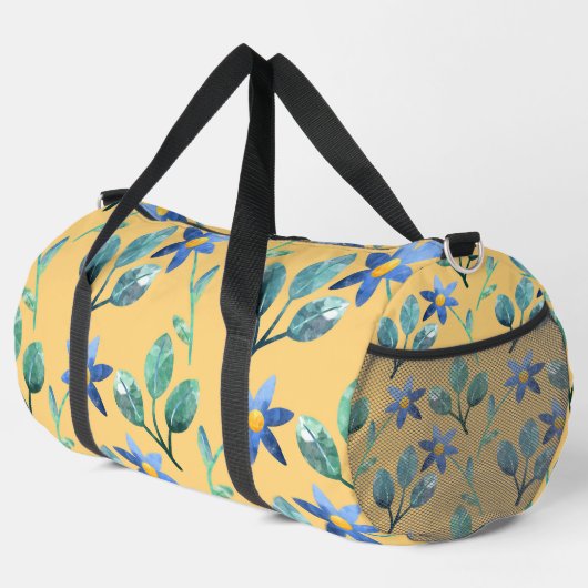 黄色と青の水色の花と離れ色 ダッフルバッグ (右コーナー)
