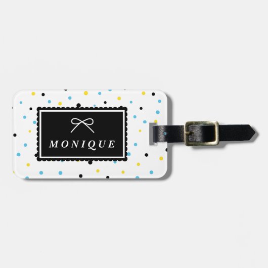 黄色と青の紙吹雪ドットのパターカスタムン ラゲッジタグ (正面横)