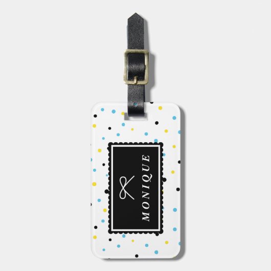 黄色と青の紙吹雪ドットのパターカスタムン ラゲッジタグ (正面縦)