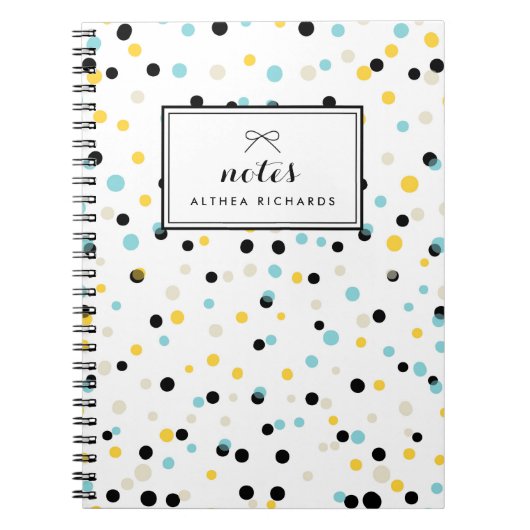 黄色と青の紙吹雪ドットのパターパーソナライズされたン ノートブック (正面)
