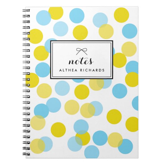 黄色と青の紙吹雪ドットのパターパーソナライズされたン ノートブック (正面)