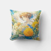 黄色と青の花を咲かせるアニメの少女 クッション (正面)