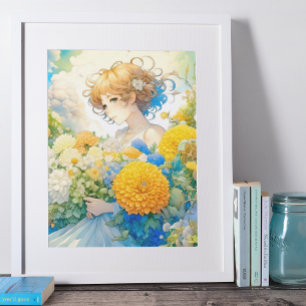 黄色と青の花を咲かせるアニメの少女 ポスター