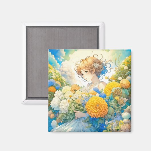 黄色と青の花を咲かせるアニメの少女 マグネット (正面/裏面)