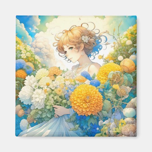 黄色と青の花を咲かせるアニメの少女 マグネット (正面)