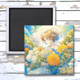 黄色と青の花を咲かせるアニメの少女 マグネット