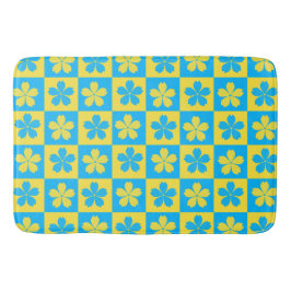 黄色と青の花柄チェックボード バスマット