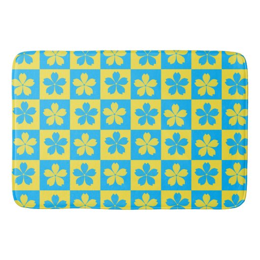 黄色と青の花柄チェックボード バスマット (正面)