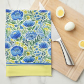 黄色と青の花模様 キッチンタオル (四つ折り)