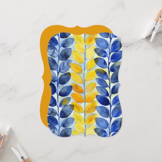 黄色と青の葉フラットカード (正面/裏面インサイチュ)