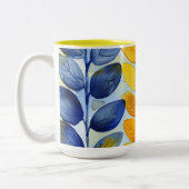 黄色と青の葉 ツートーンマグカップ (左)