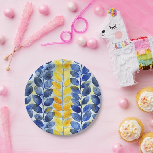 黄色と青の葉 ペーパープレート (パーティー)