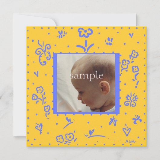 黄色と青の誕生発表 案内状 (正面)