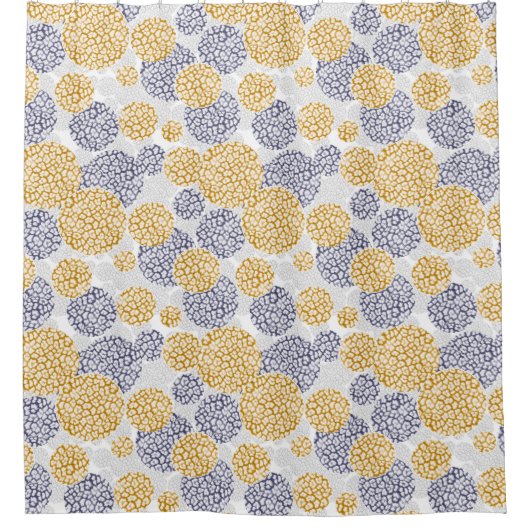 黄色と青ヒョウの皮のプリント付き円 シャワーカーテン (正面)