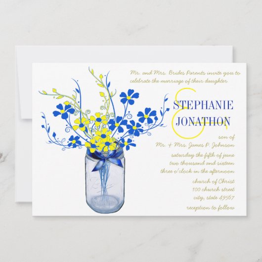 黄色と青王室ののメイソンの瓶の山の花結婚の 招待状 (正面)