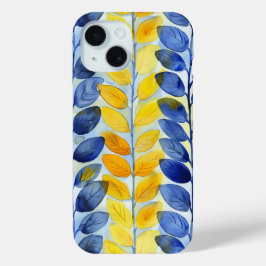 黄色と青色の葉 iPhone 15ケース