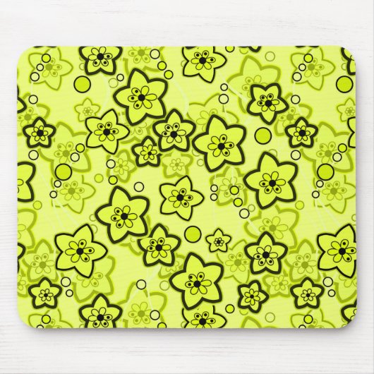 黄色と黒い明るいネオンの花パターン マウスパッド (正面)