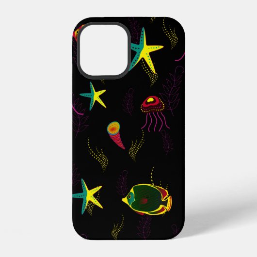 黄色と黒と茶色の魚のシームレスパターン。抽象的 iPhoneケース (裏面)