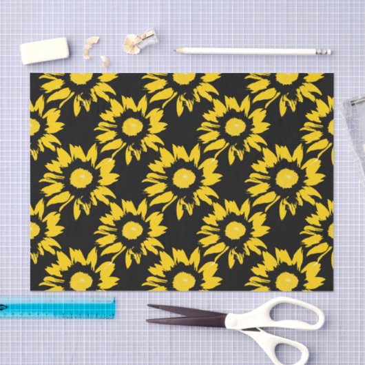 黄色と黒のひまわり模様 薄葉紙 (クラフト)