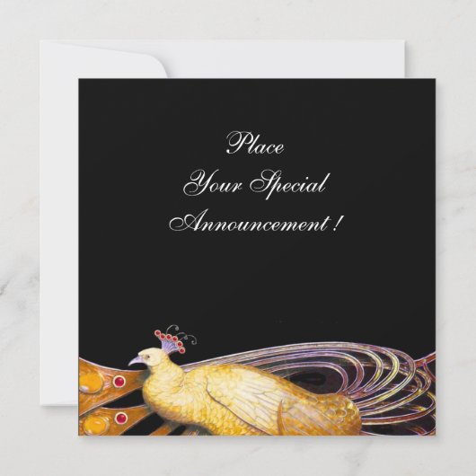 黄色と黒のエレガントなクジャク 招待状 (裏面)