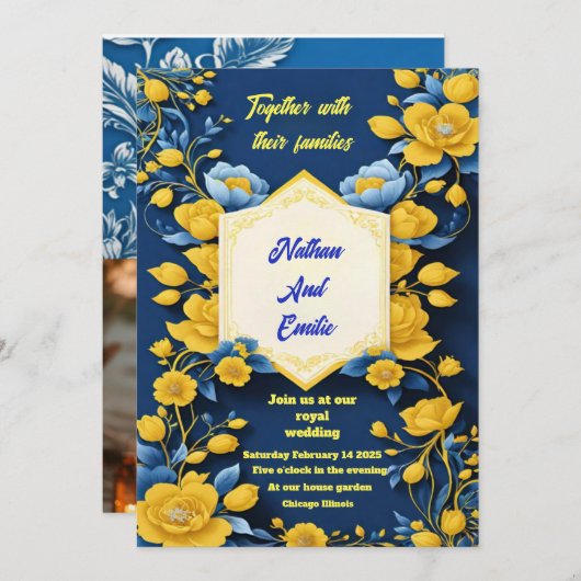 黄色と黒のエレガントな結婚式の招待状 招待状 (正面/裏面)